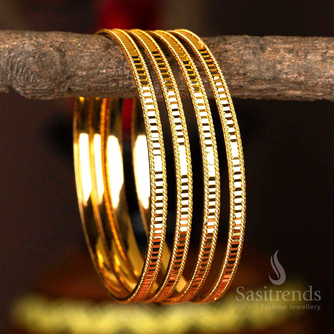 Set of four micro gold-plated kada bangles with a distinct grooved design for a refined look.