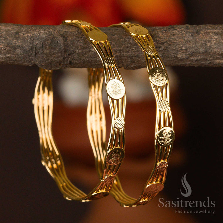 Auspicious Lakshmi coin motif on micro gold-plated bangles