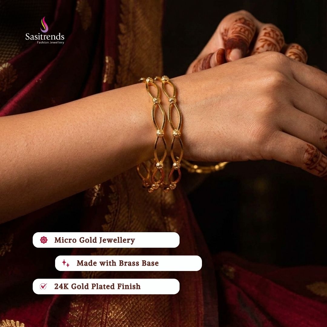 Beautiful collection of micro gold plated bangles styled by a model, elegant traditional jewellery suitable for festive wear, wedding functions, party occasions, and ethnic outfits from Sasitrends.