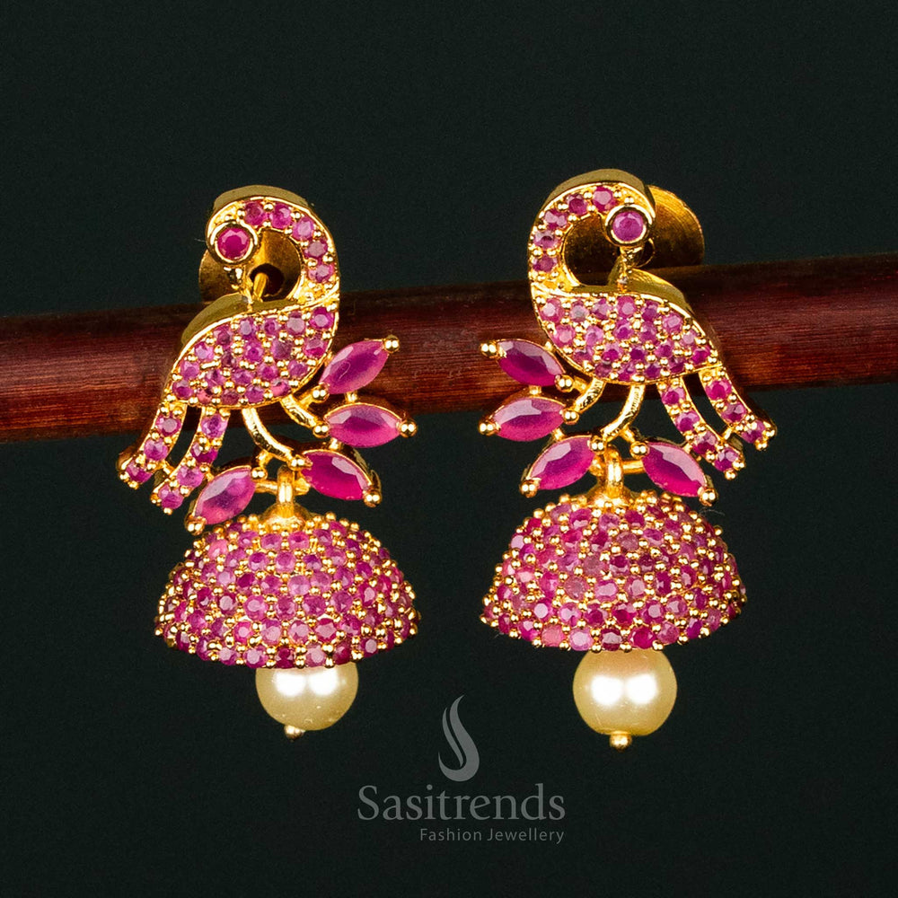 American Diamond Micro Gold Plated Peacock Jhumka Earrings with Ruby Stone – A Royal and Majestic Traditional Jewelry Piece - Sasitrends
