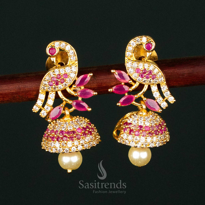 Gorgeous American Diamond Micro Gold Plated Peacock Jhumka Earrings with Pearl Drop For Special Events - Sasitrends