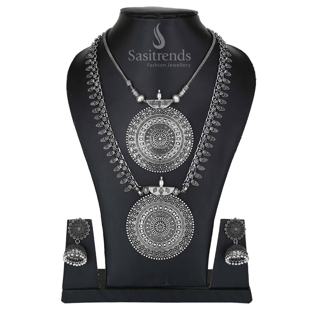 Oxidised Silver Niranjana Combo Jewellery Set with Long Haram, Short Pendant, and Nayanthara Jhumka Earrings—a traditional ethnic layered jewellery set perfect for grand festive occasions – Sasitrends