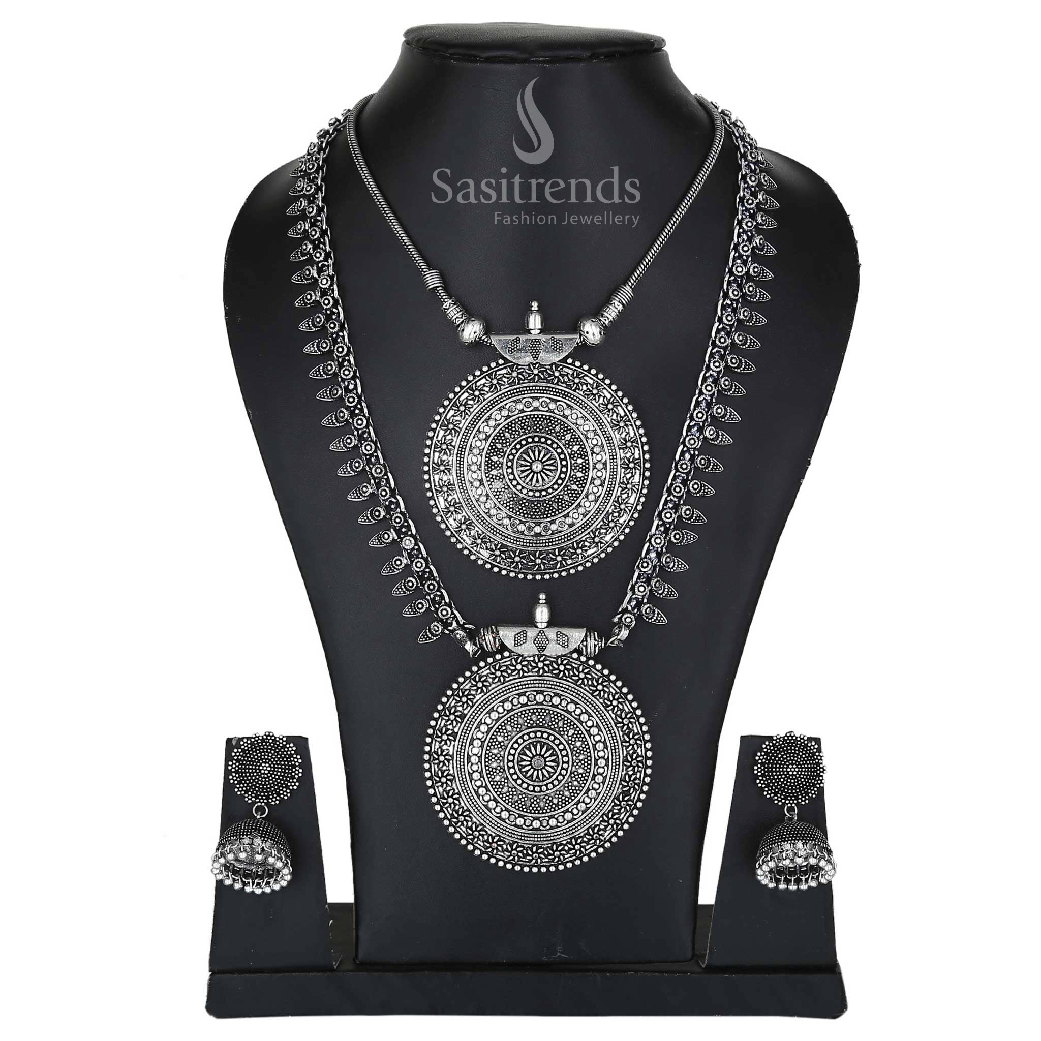 Oxidised Silver Niranjana Combo Jewellery Set with Long Haram, Short Pendant, and Nayanthara Jhumka Earrings—a traditional ethnic layered jewellery set perfect for grand festive occasions – Sasitrends