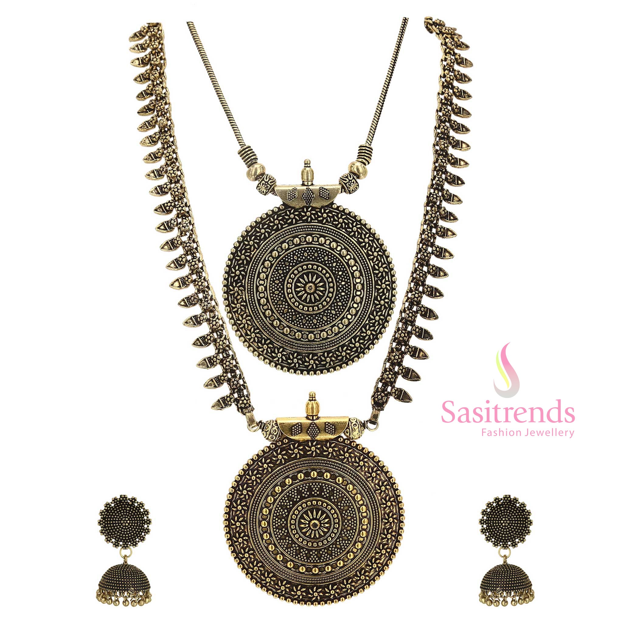 Majestic Antique Gold Niranjana Jewellery Combo with Layered Haram, Sleek Pendant, and Jhumkas—a temple-inspired occasion-wear set for cultural grace – Sasitrends