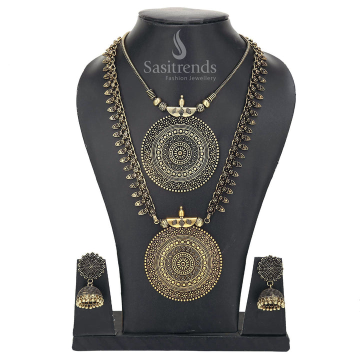 Antique Gold Niranjana Long Haram with Short Pendant and Nayanthara Jhumka—a traditional layered jewellery set ideal for marriage rituals and ceremonial grandeur – Sasitrends