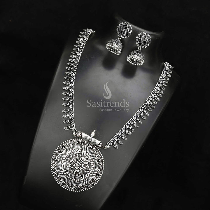 Niranjana Long Haram Jewellery Set with Nayanthara Oxidised Jhumka Earrings - Sasitrends