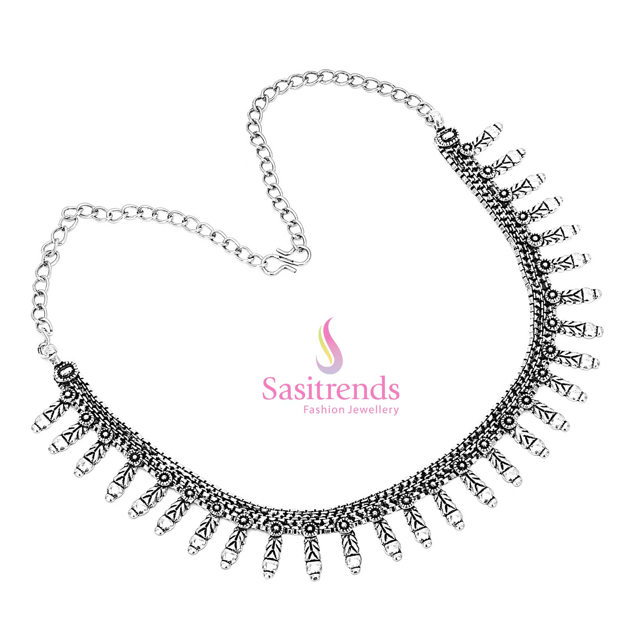 Golden twilight reflections shine through this oxidised tribal necklace flaunting flared design and hook-shaped metallic pendant dangles – Sasitrends