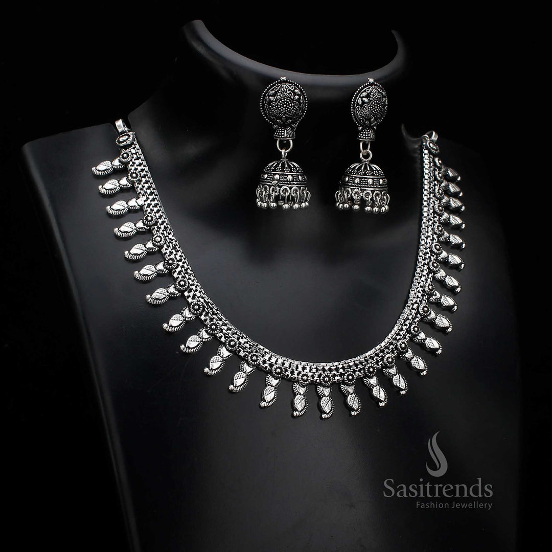 Oxidised silver jewellery set with traditional jhumka earrings and intricate ethnic carving – part of the Cultural Ensemble Series for women who love artisanal elegance – Sasitrends