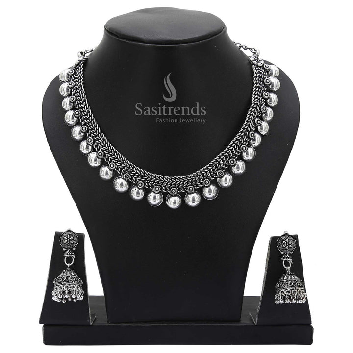 Sasitrends Half Ball Oxidised Necklace & Jhumka Jewellery Set - Ethnic Elegance