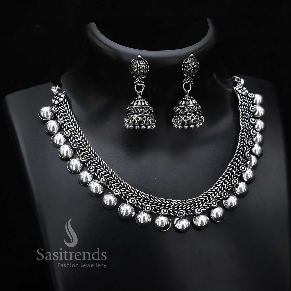 Oxidised Silver Half Ball Necklace and Jhumka Jewellery Set showcasing ethnic elegance with traditional temple-inspired layered design, perfect for festive and cultural occasions – Sasitrends

