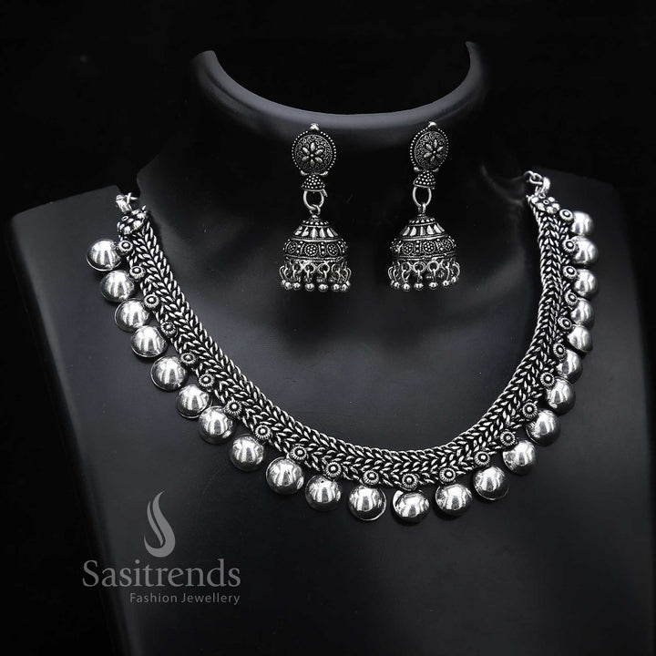 Oxidised Silver Half Ball Necklace and Jhumka Jewellery Set showcasing ethnic elegance with traditional temple-inspired layered design, perfect for festive and cultural occasions – Sasitrends

