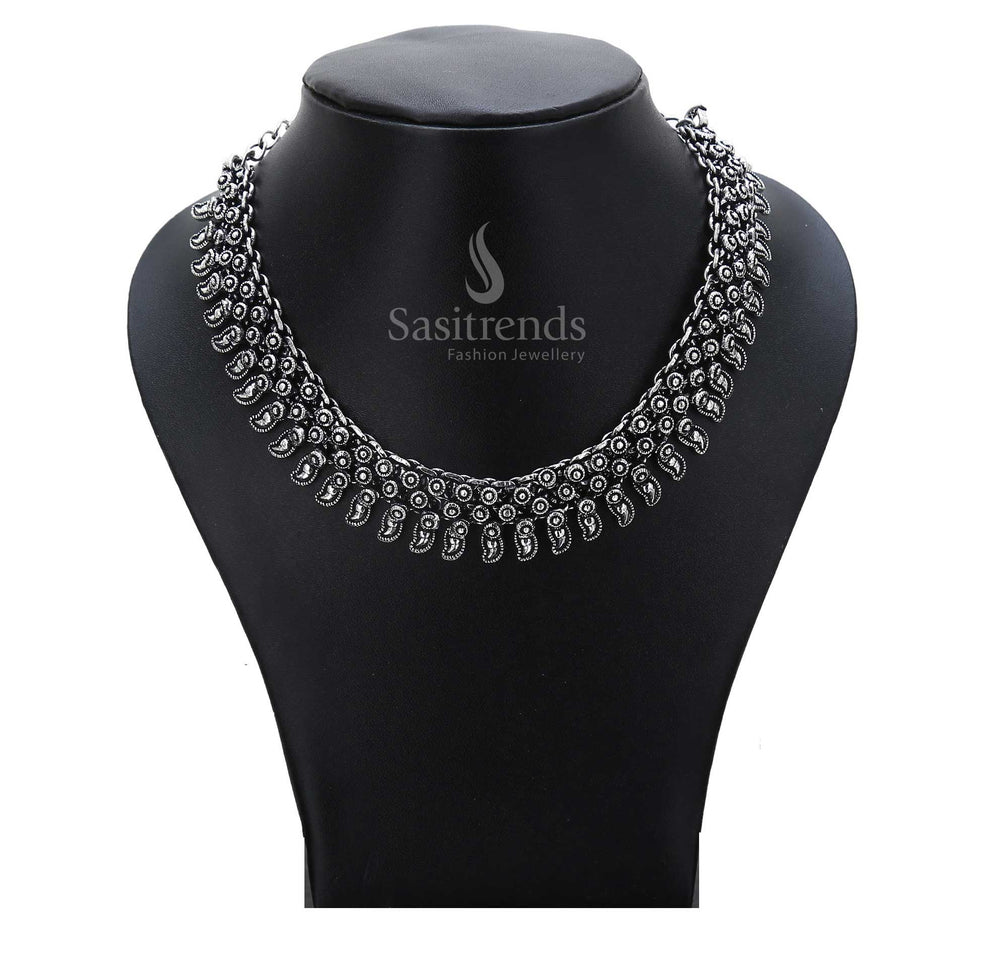 Ancient glow radiates from this oxidised tribal necklace with crescent engravings and rustic hanging dangles – a perfect ancestral jewellery choice – Sasitrends