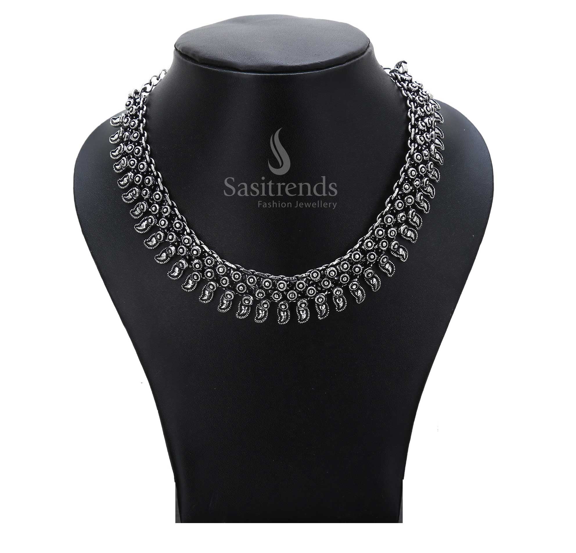 Ancient glow radiates from this oxidised tribal necklace with crescent engravings and rustic hanging dangles – a perfect ancestral jewellery choice – Sasitrends