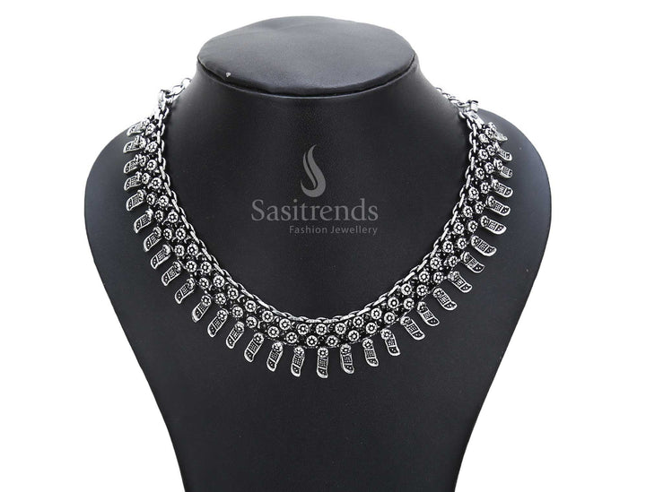 Mystic ancestors come alive in this handcrafted oxidised necklace adorned with an elephant pendant and multiple antique bead layers – soulful tribal jewellery – Sasitrends