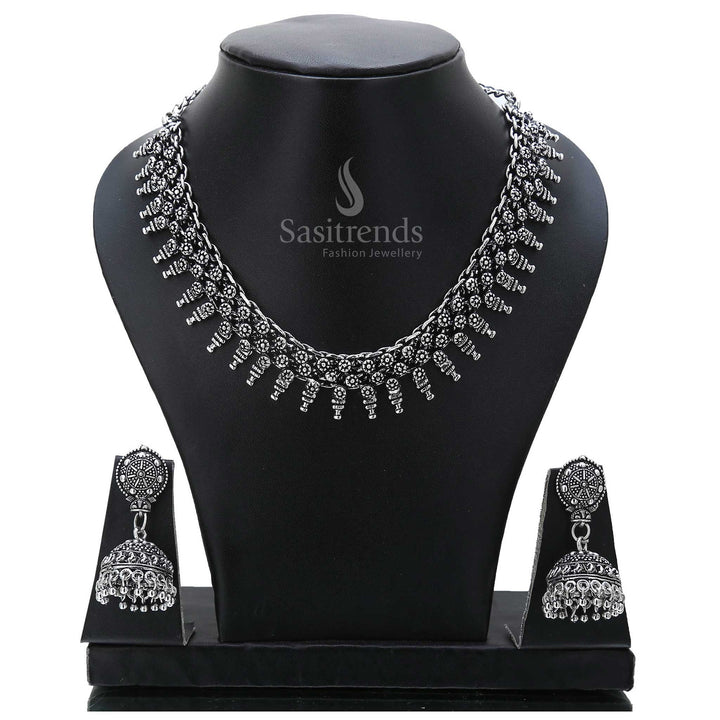 Oxidised silver Ancestral Charm jewellery set with bold neckpiece and antique-style jhumka earrings – a cultural legacy inspired handcrafted look perfect for ethnic sophistication – Sasitrends