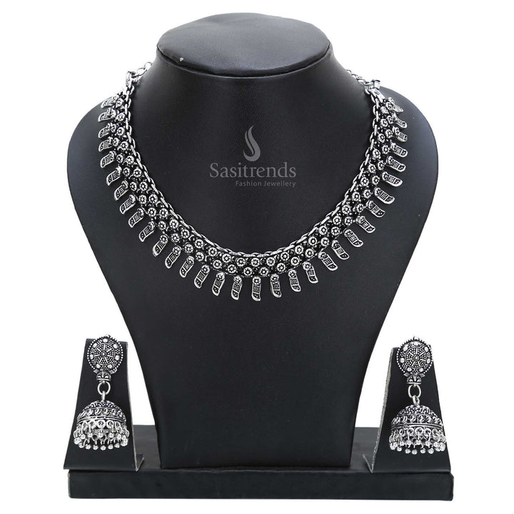 Eternal folk tales live on in this oxidised silver necklace and jhumka set with mythical motifs – ideal for ancestral ceremonies and traditional jewellery collections – Sasitrends