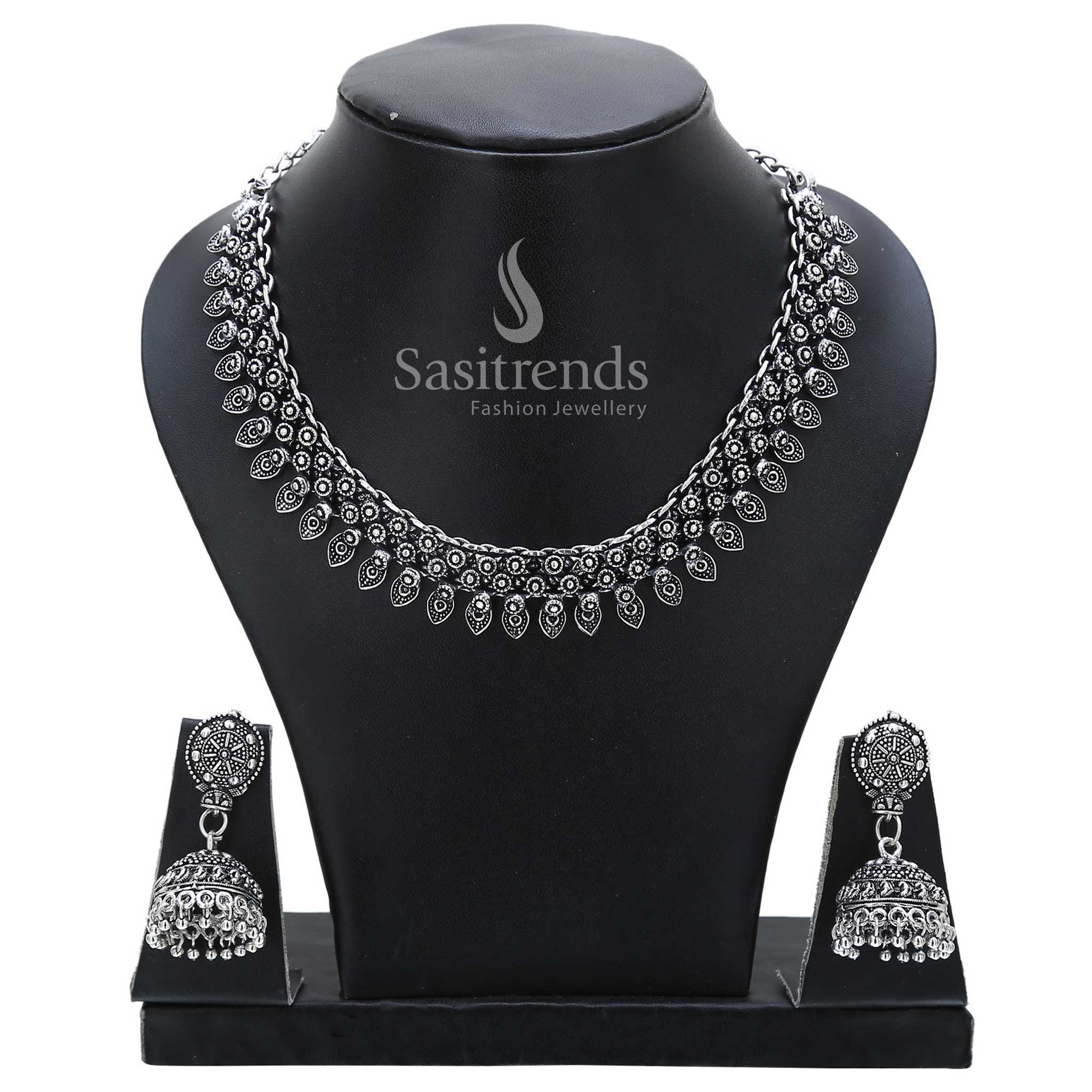 Traditional peacock motif oxidised silver necklace and jhumka earrings jewellery set – crafted with grace for rich cultural festivities – Sasitrends

