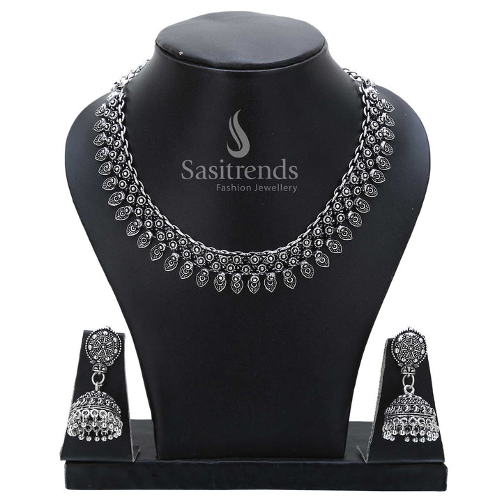 Traditional peacock motif oxidised silver necklace and jhumka earrings jewellery set – crafted with grace for rich cultural festivities – Sasitrends

