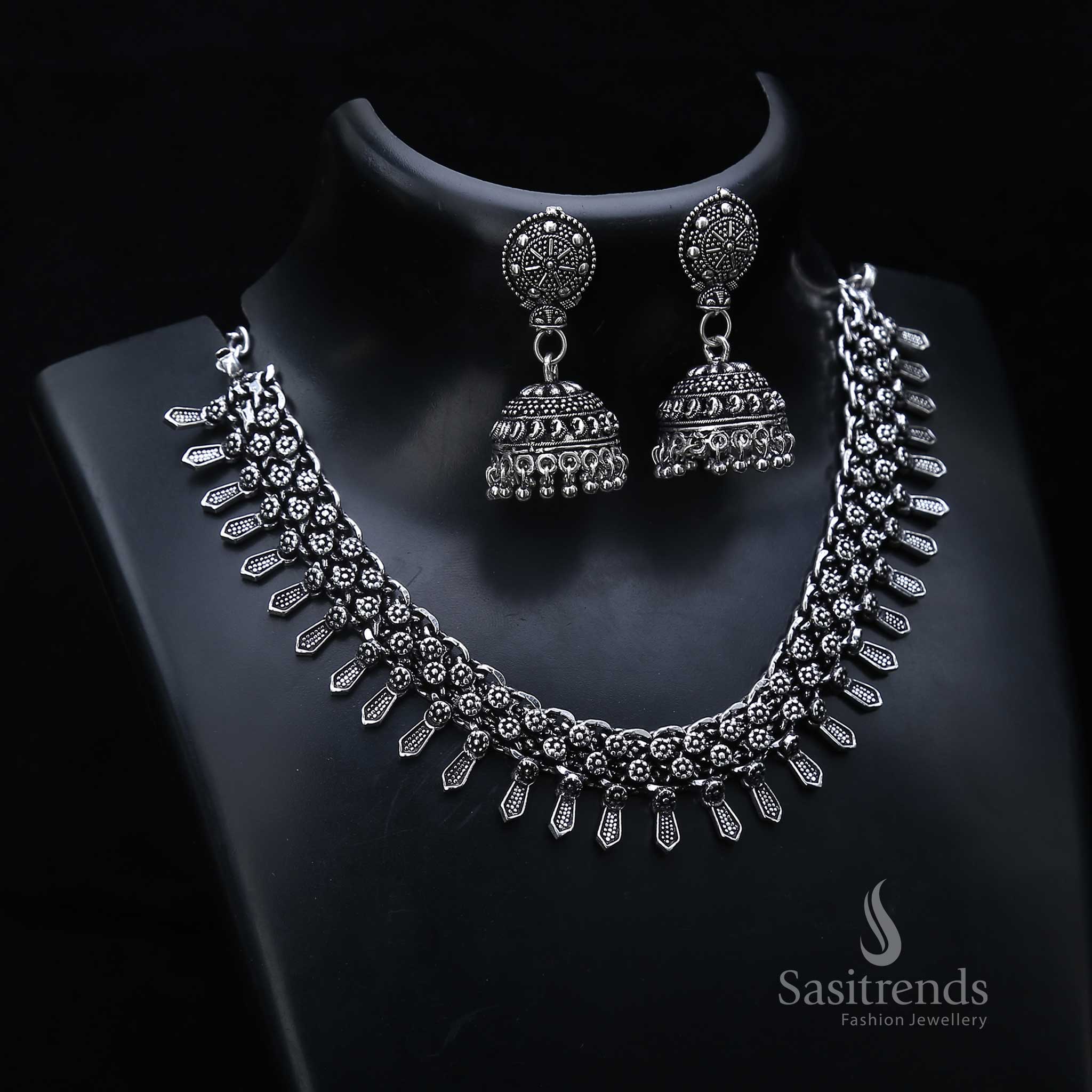 Moonlit mystique oxidised silver necklace and jhumka earrings jewellery set with finely engraved textures – ideal for vibrant ethnic occasions – Sasitrends