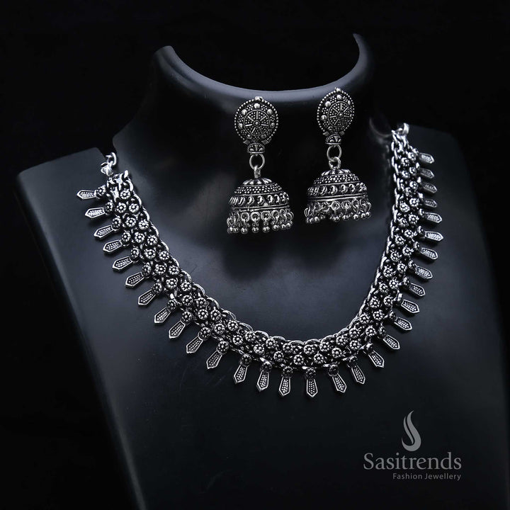 Moonlit mystique oxidised silver necklace and jhumka earrings jewellery set with finely engraved textures – ideal for vibrant ethnic occasions – Sasitrends