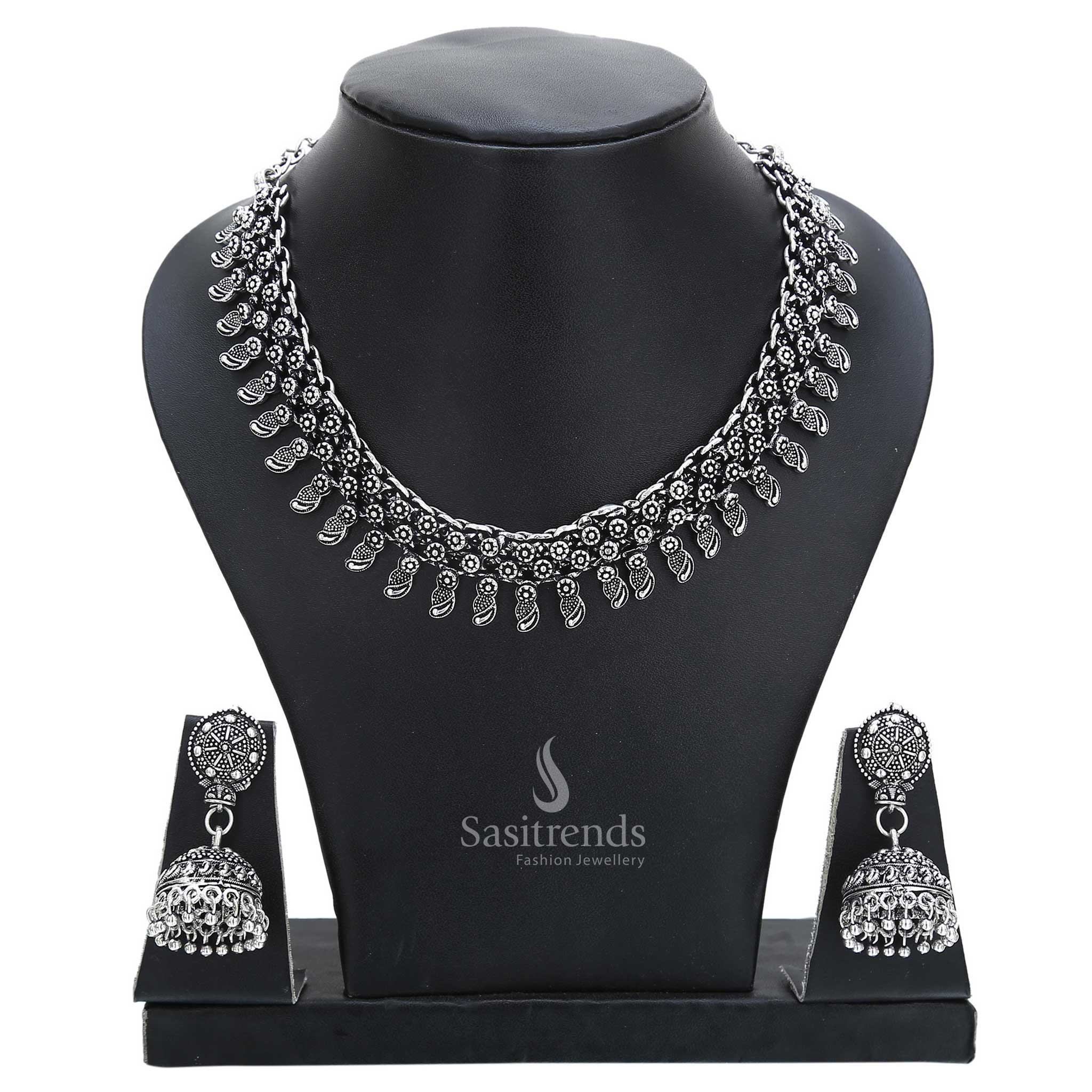 Artisan style oxidised silver jewellery set with traditional choker necklace and beaded jhumkas – an elegant pick for cultural finesse – Sasitrends