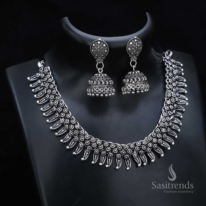Devotional charm in oxidised silver jewellery set with miniature temple pendants and ornamental jhumka earrings – made for spiritual traditional wear – Sasitrends