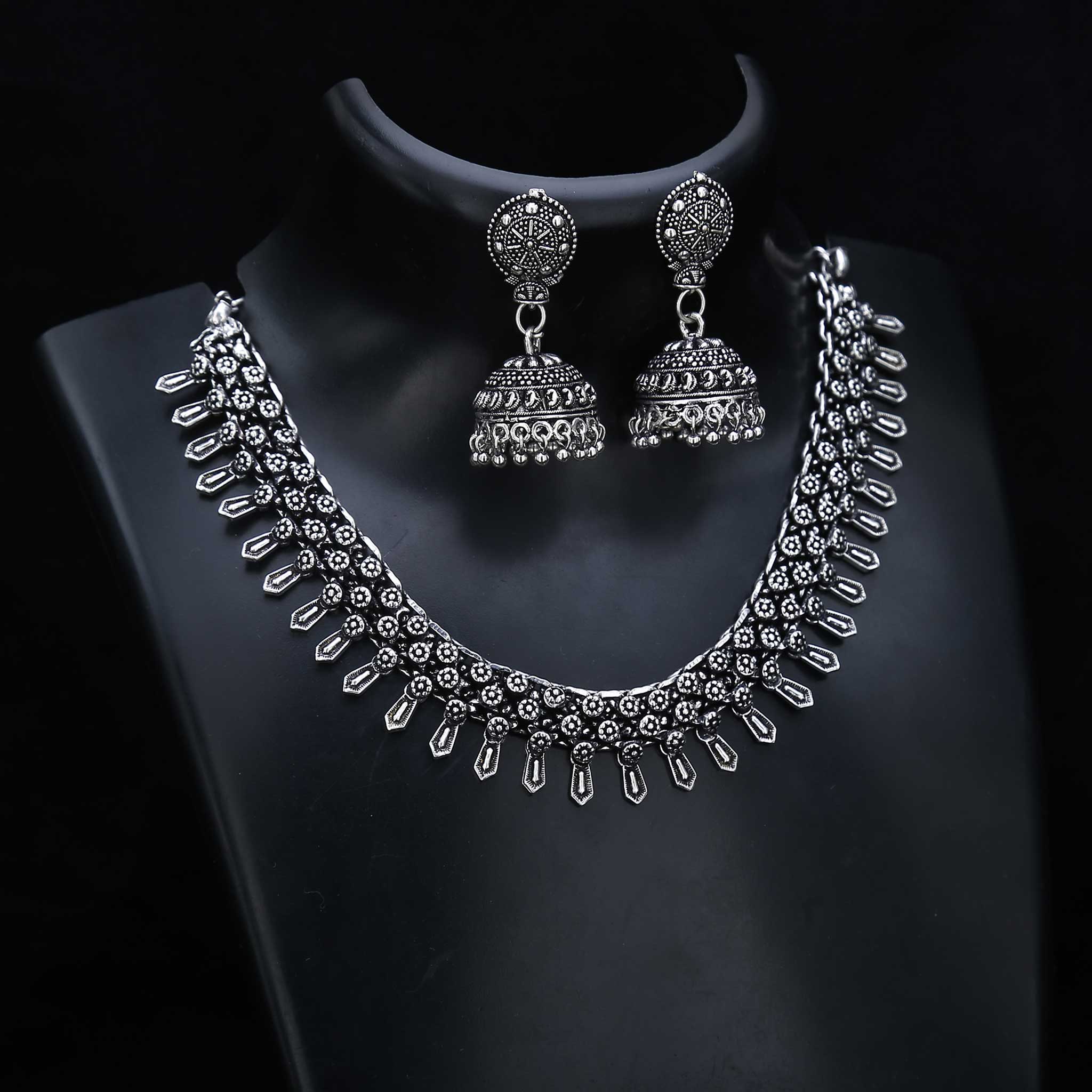 Sacred symbols oxidised silver necklace set with jhumka earrings and traditional ethnic patterns – ideal ritual jewellery for ancestral occasions – Sasitrends