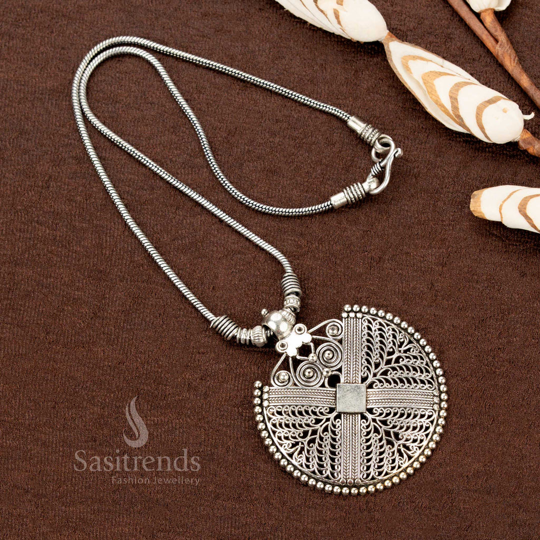 Oxidised Silver Pendant Necklace with Spiral and Beaded Border – Sasitrends