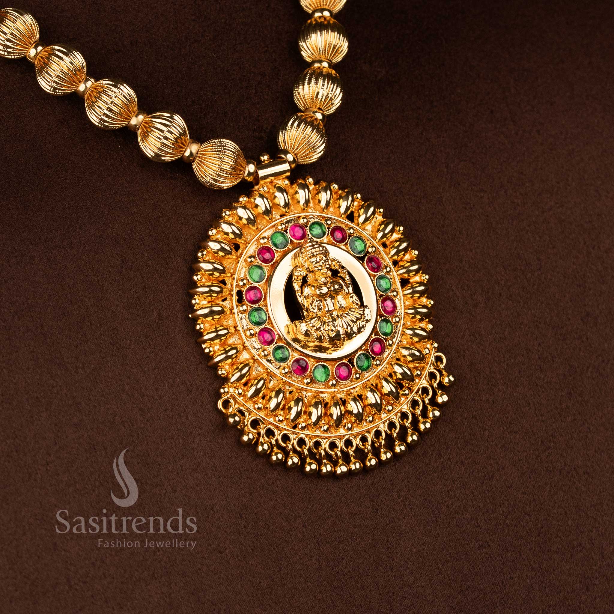 Traditional temple wear one gram micro gold plated Lakshmi pendant necklace with AD stones 