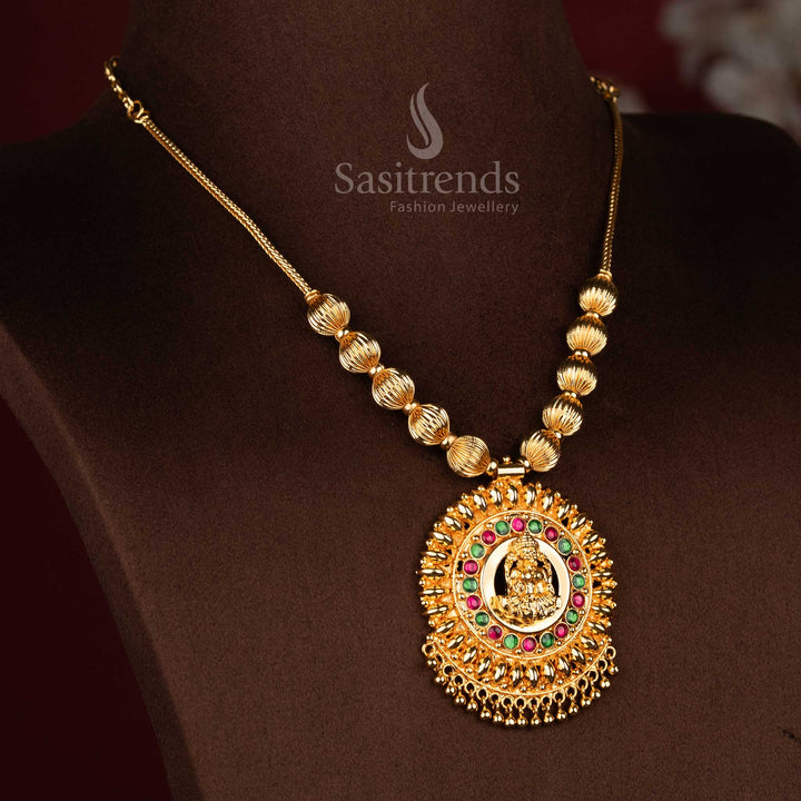 Traditional temple wear one gram micro gold plated Lakshmi pendant necklace with AD stones 