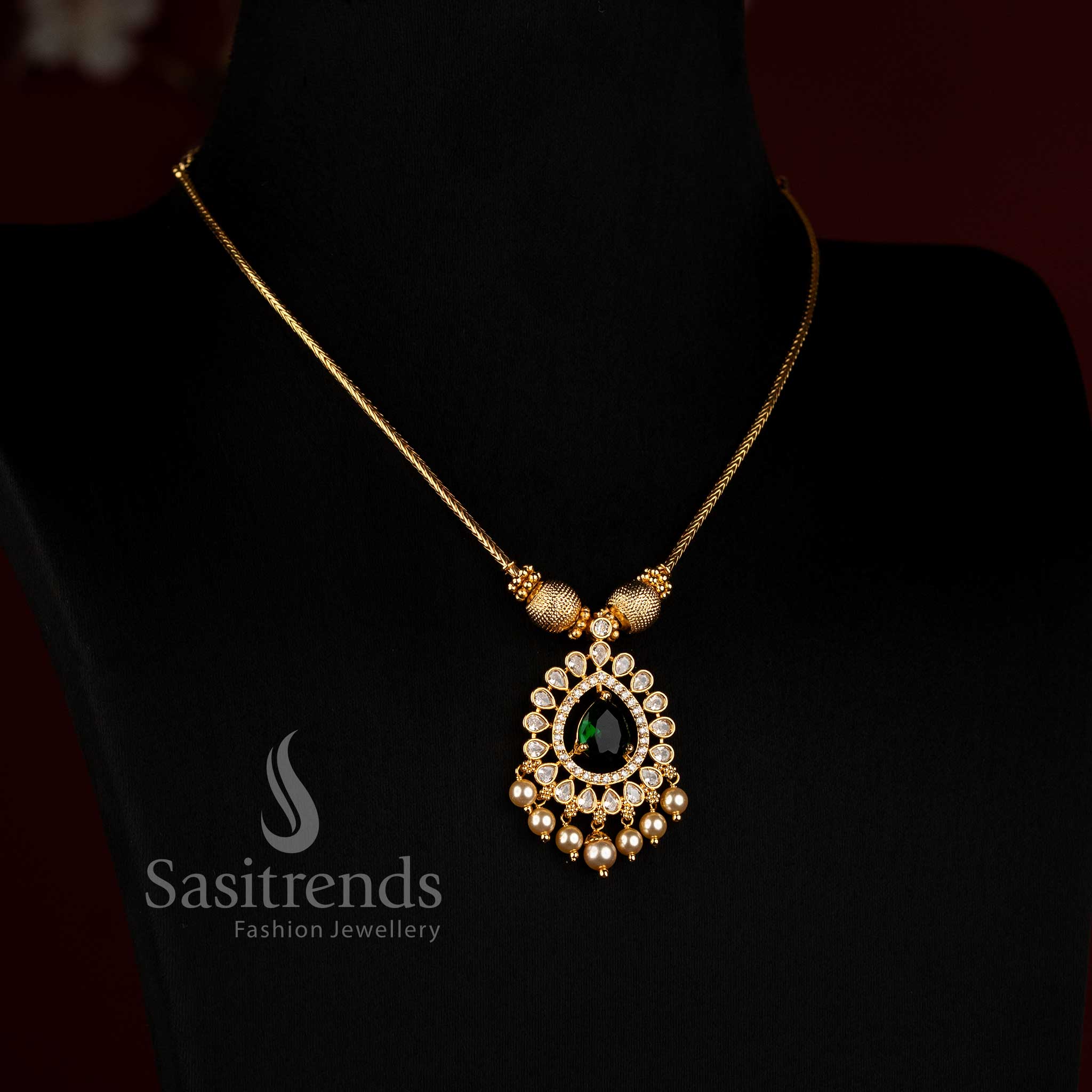 One Gram Micro Gold Plated AD Pendant Necklace for Sarees and Festive Wear - Sasitrends