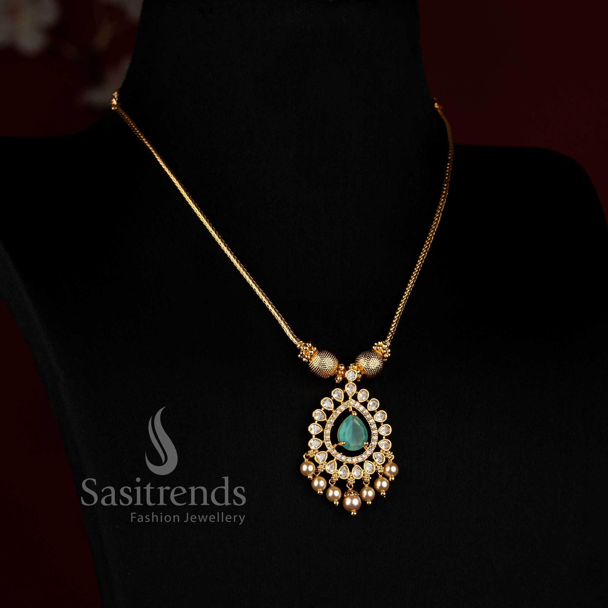Elegant Micro Gold Plated Flexible Chain Necklace with American Diamond Pendant - Sasitrends