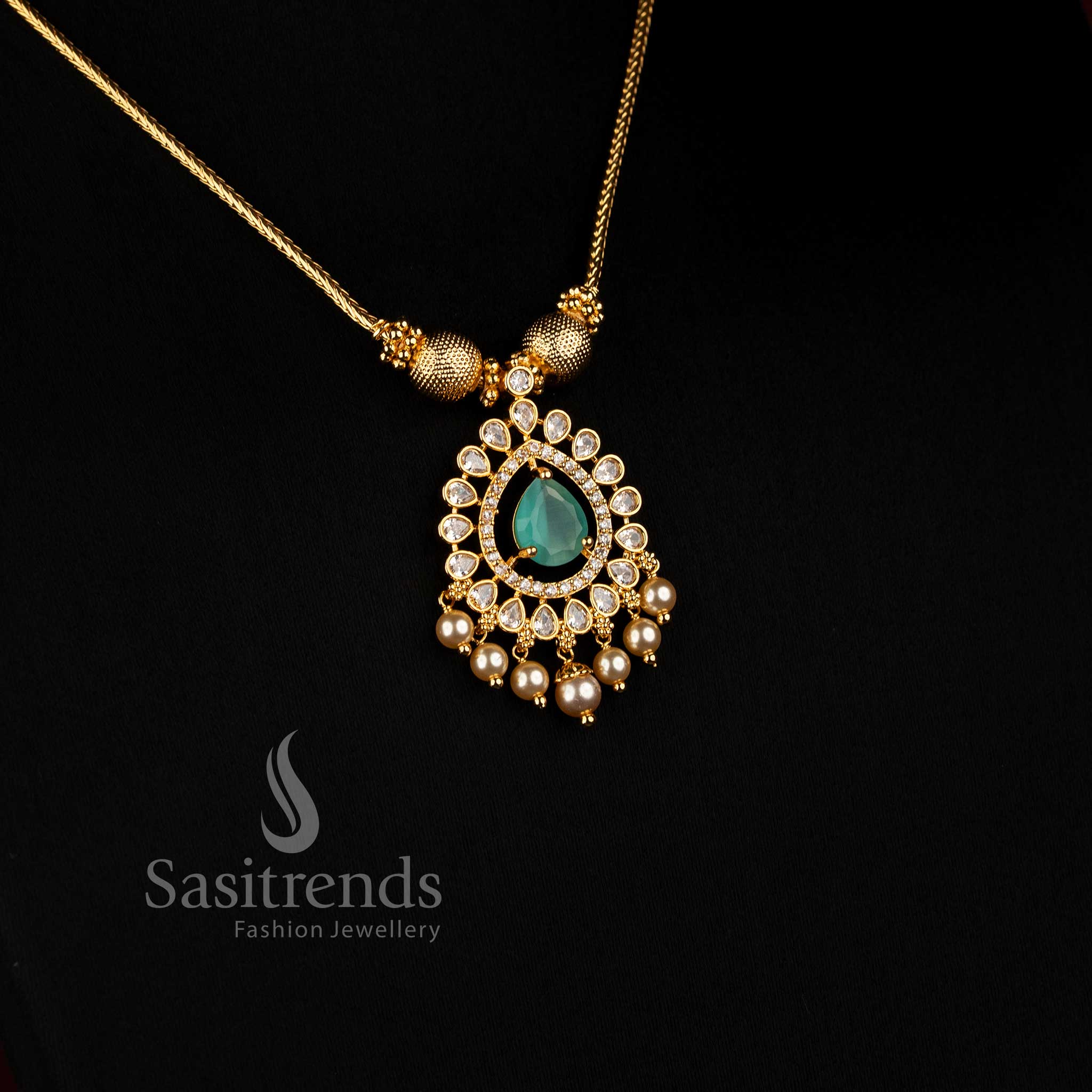 Elegant Micro Gold Plated Flexible Chain Necklace with American Diamond Pendant - Sasitrends
