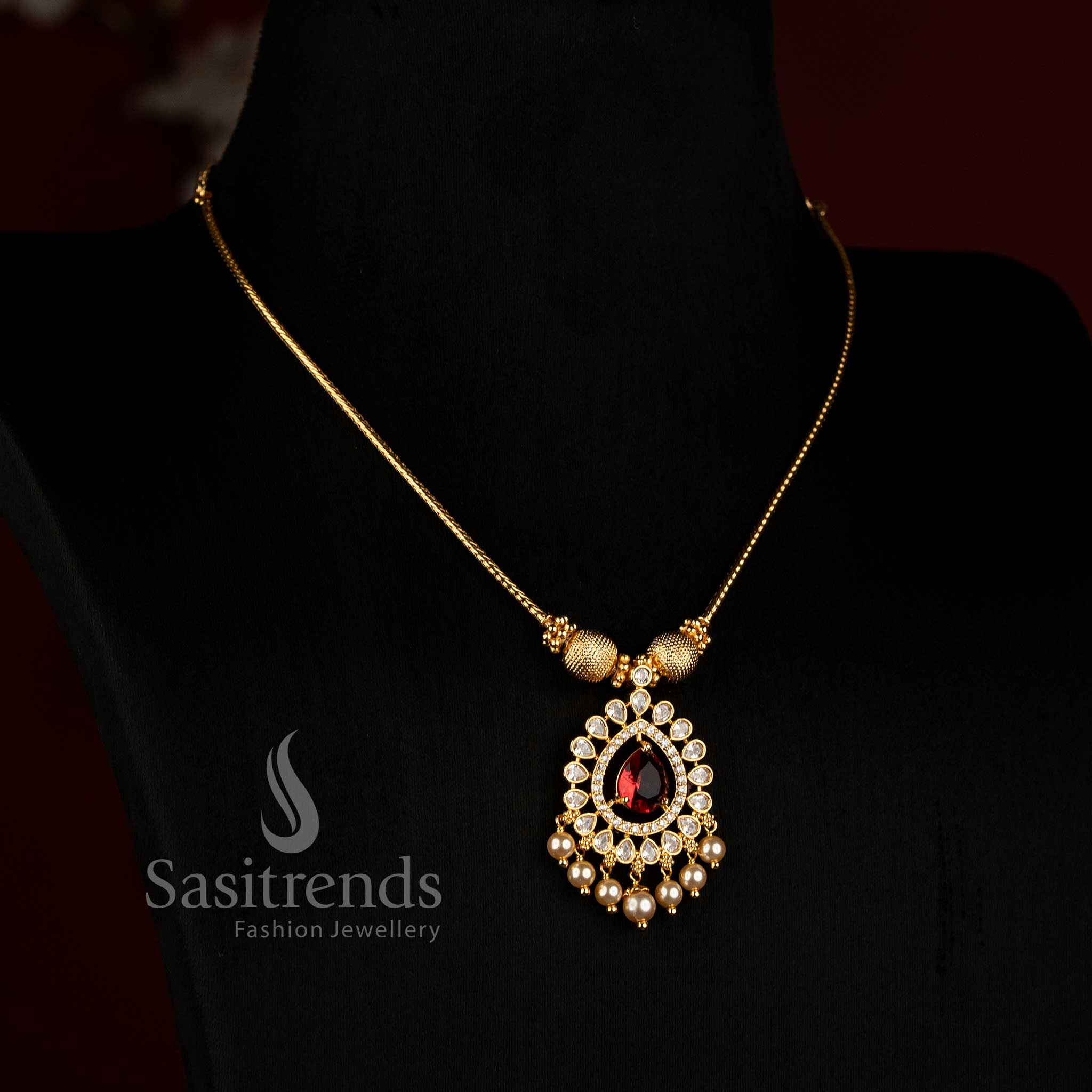 One Gram Micro Gold Plated AD Pendant Necklace for Sarees and Festive Wear - Sasitrends