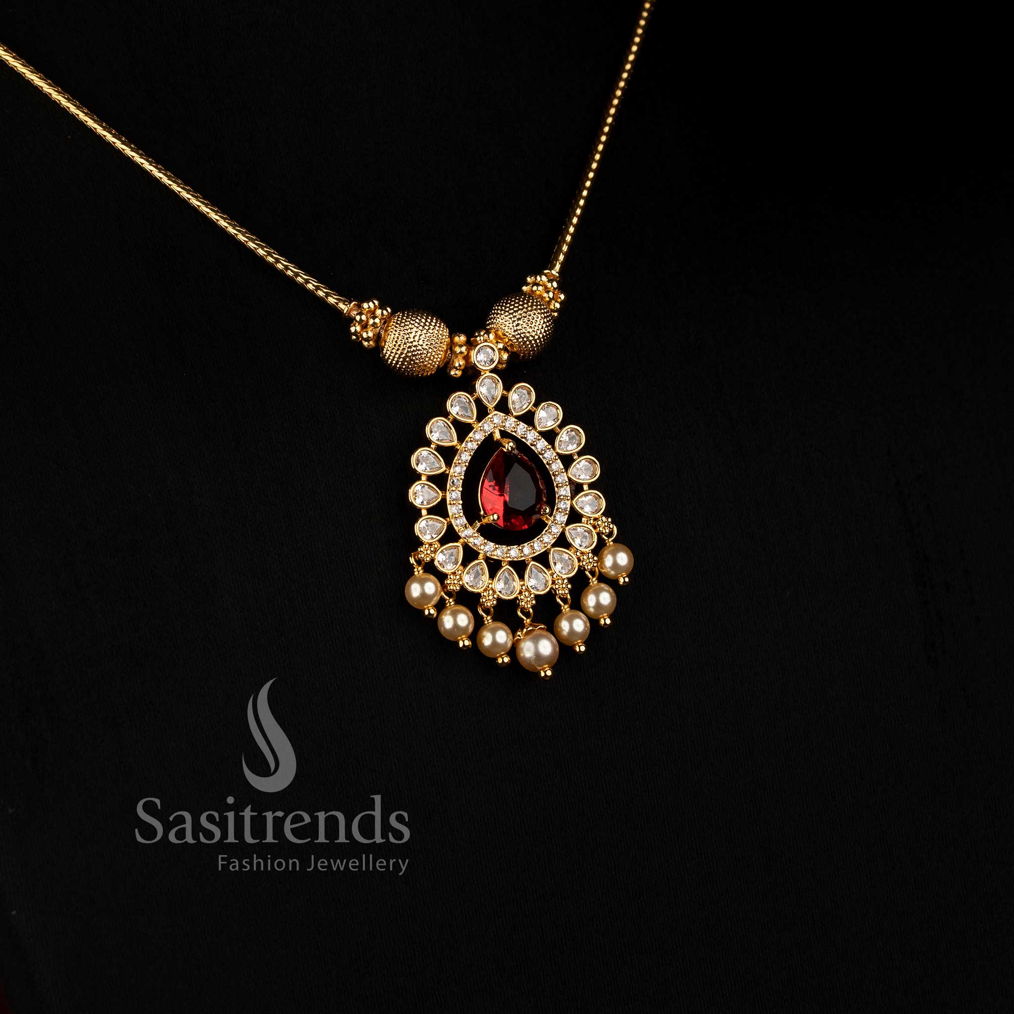1. Elegant Micro Gold Plated Flexible Chain Necklace with American Diamond Pendant - Sasitrends