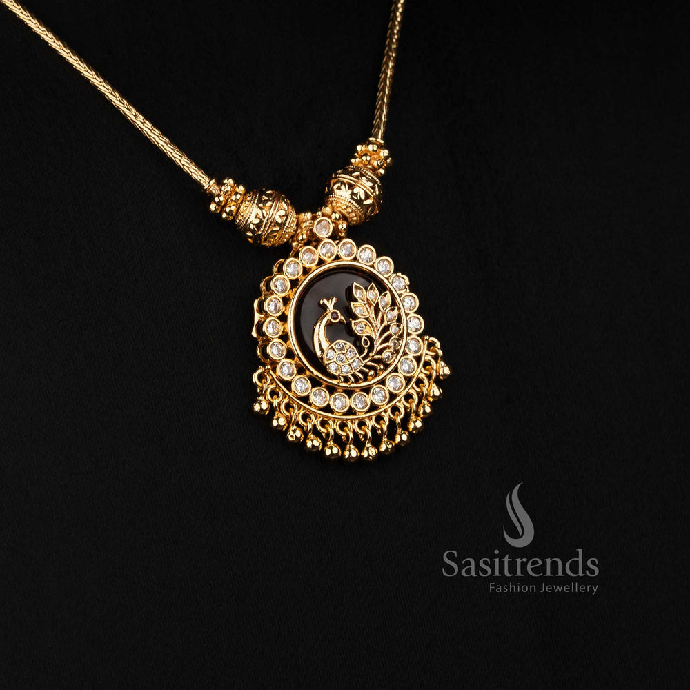 Micro Gold Plated Traditional Peacock Necklace with Decorative Beads and Sparkling AD Stones - Sasitrends