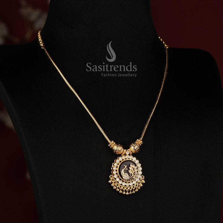Micro Gold Plated Peacock Floral AD Stone Pendant Necklace with Traditional Bead Chain - Sasitrends