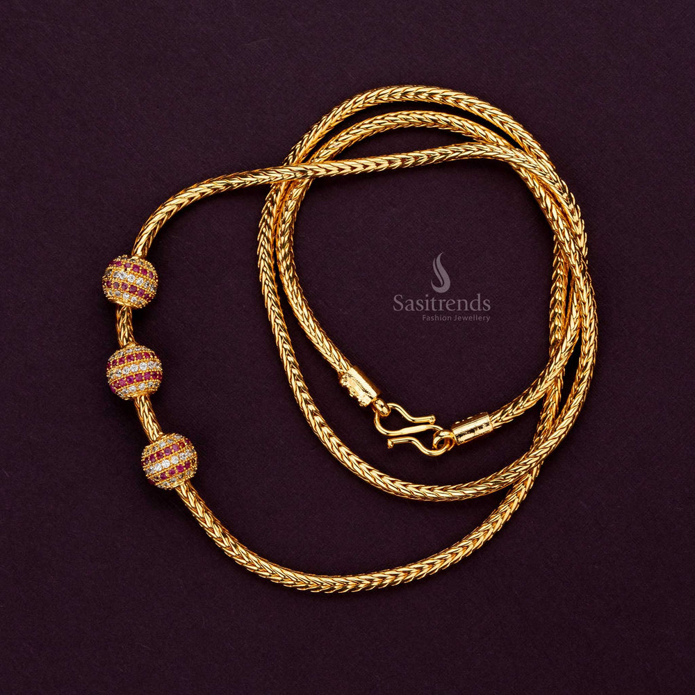 Guaranteed 24-carat gold-plated white-ruby AD-stone ball mugappu chain, adds luxury to any outfit Sasitrends