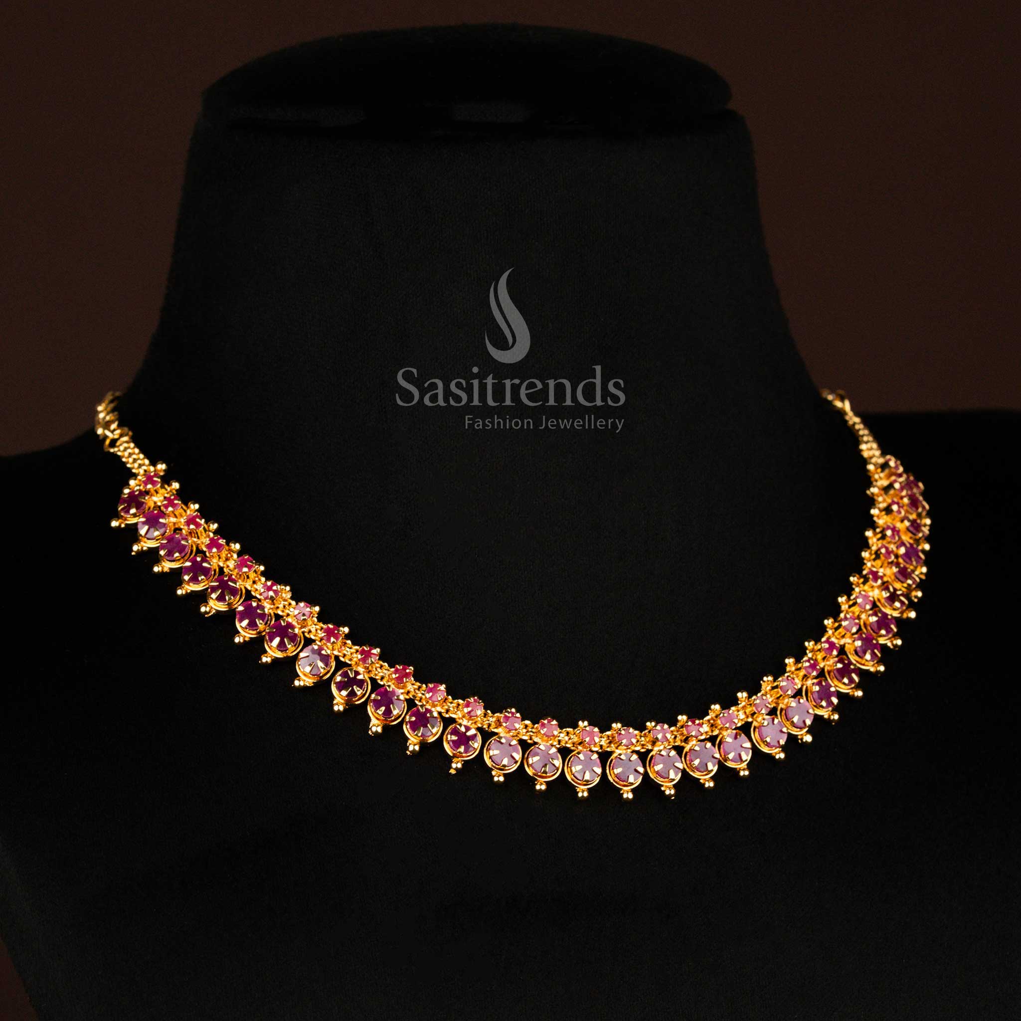 Heritage-look micro gold plated American diamond necklace with soldered ruby AD stones, ideal for cultural functions and ethnic styling – traditional designer jewellery from Sasitrends