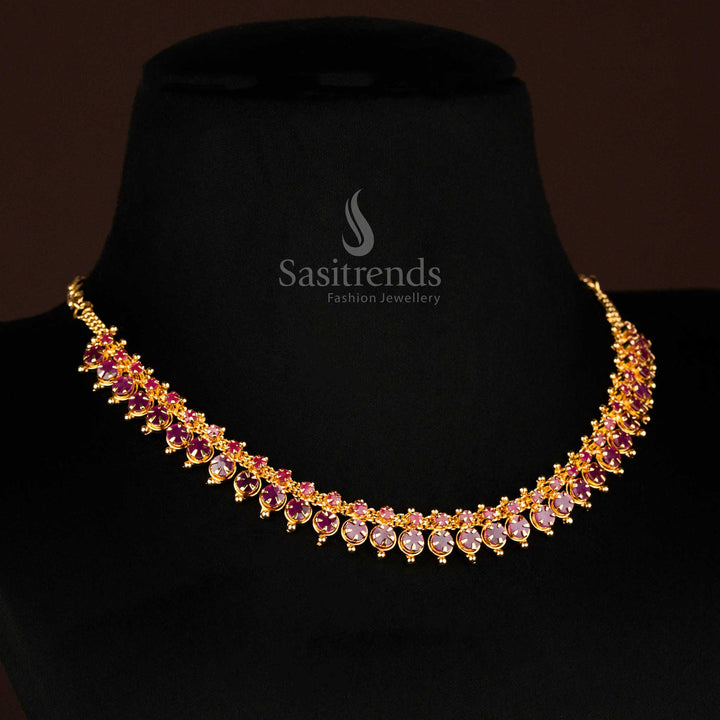 Heritage-look micro gold plated American diamond necklace with soldered ruby AD stones, ideal for cultural functions and ethnic styling – traditional designer jewellery from Sasitrends