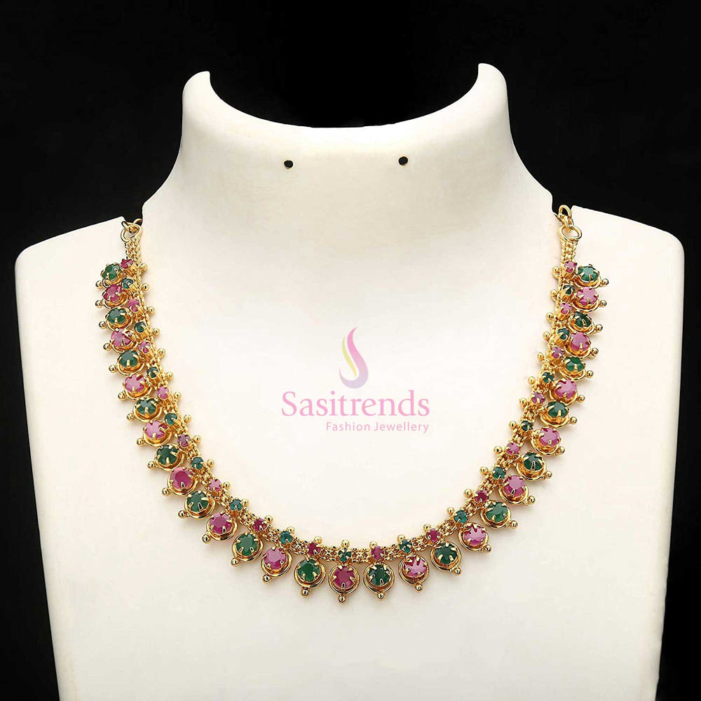 Heritage-style micro gold-plated American diamond necklace, meticulously designed with soldered AD stones in an enchanting ruby-green - Sasitrends