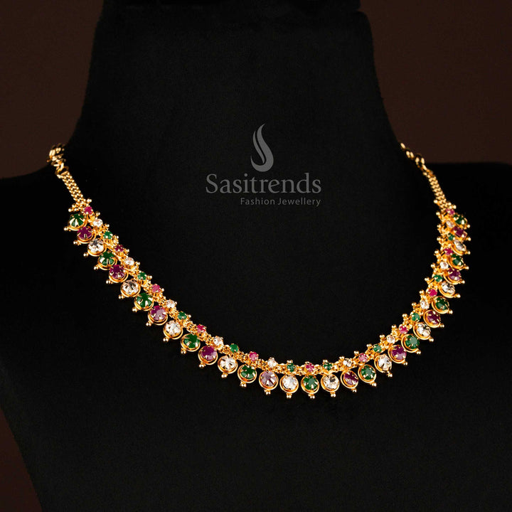 Colourful ethnic micro gold plated necklace featuring soldered multicolour American diamonds, a grand Indian ceremony jewellery piece to pair with silk sarees and lehengas – Sasitrends exclusive