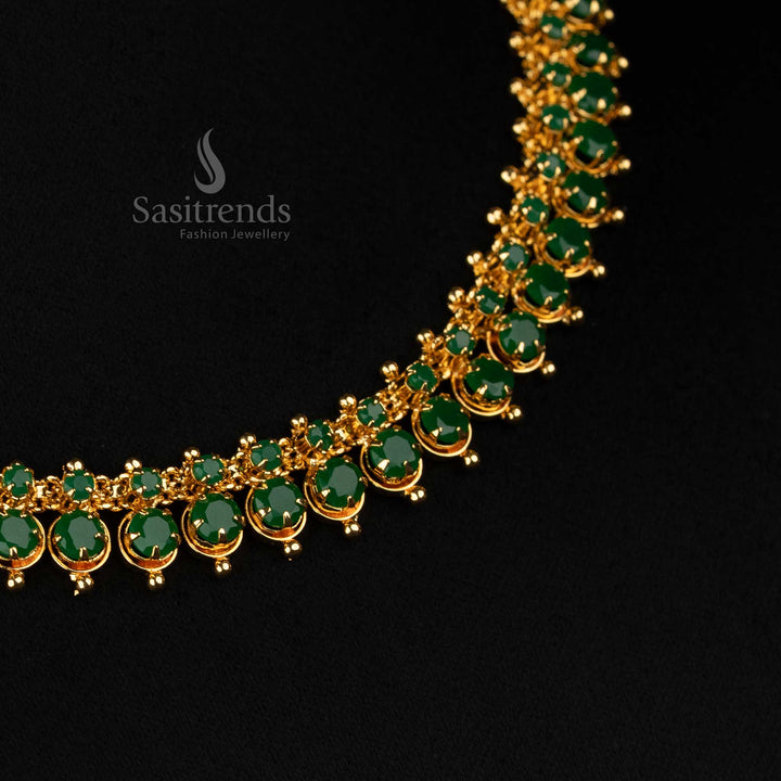 Heritage-style micro gold-plated American diamond necklace, meticulously designed with soldered AD stones in an enchanting Green - Sasitrends