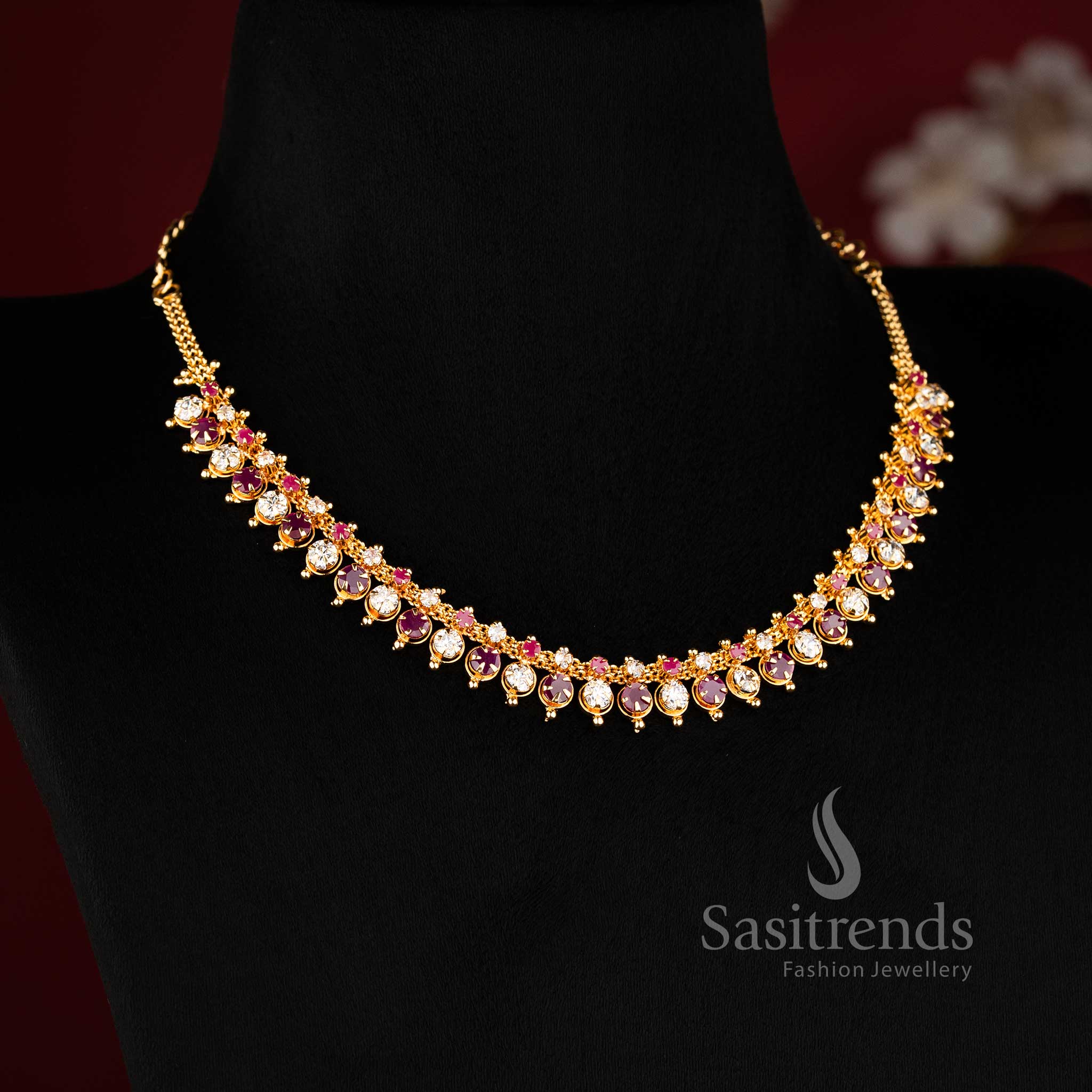 Regal white ruby micro gold plated American diamond necklace with soldered AD stones designed for classic party elegance and graceful evening wear – Sasitrends
