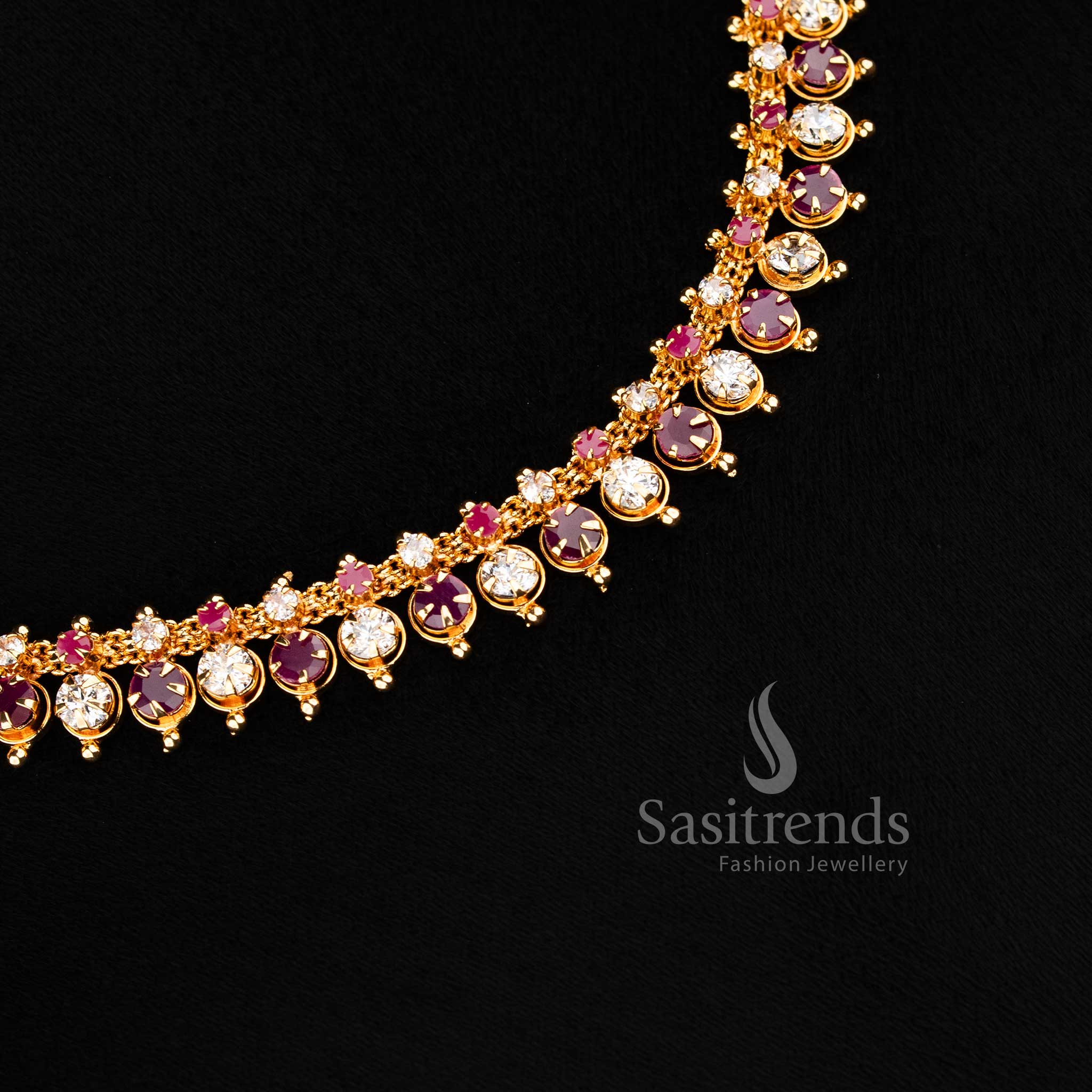 Regal white ruby micro gold plated American diamond necklace with soldered AD stones designed for classic party elegance and graceful evening wear – Sasitrends