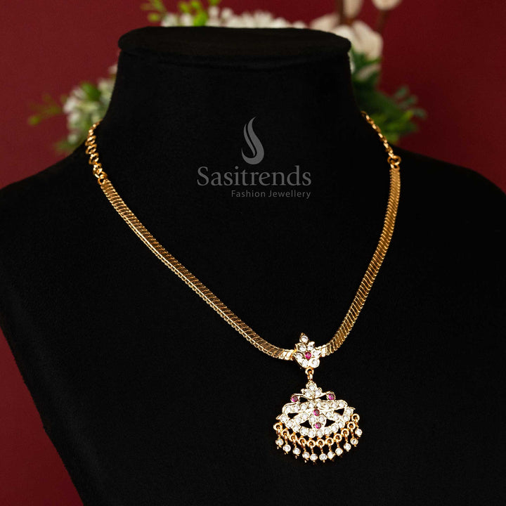 Stunning One Gram Micro Gold Plated Attigai Necklace featuring intricate American Diamond Stones detailing, ideal for party wear and ethnic festive styling - Sasitrends