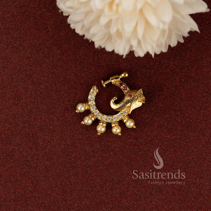 Traditional Ganesha AD stone nath with elegant pearl drop finish - Sasitrends