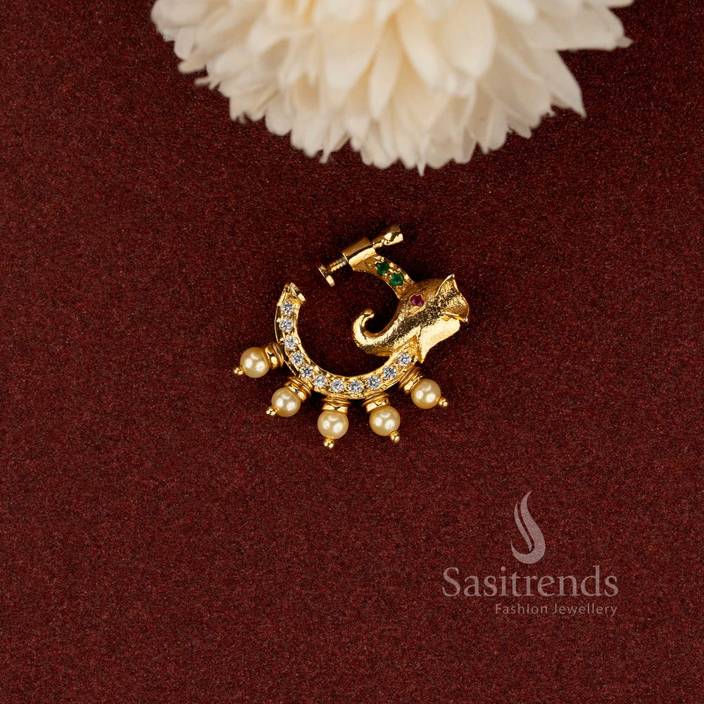 Gold plated non-piercing Ganesha nose jewellery with pearl detailing - Sasitrends
