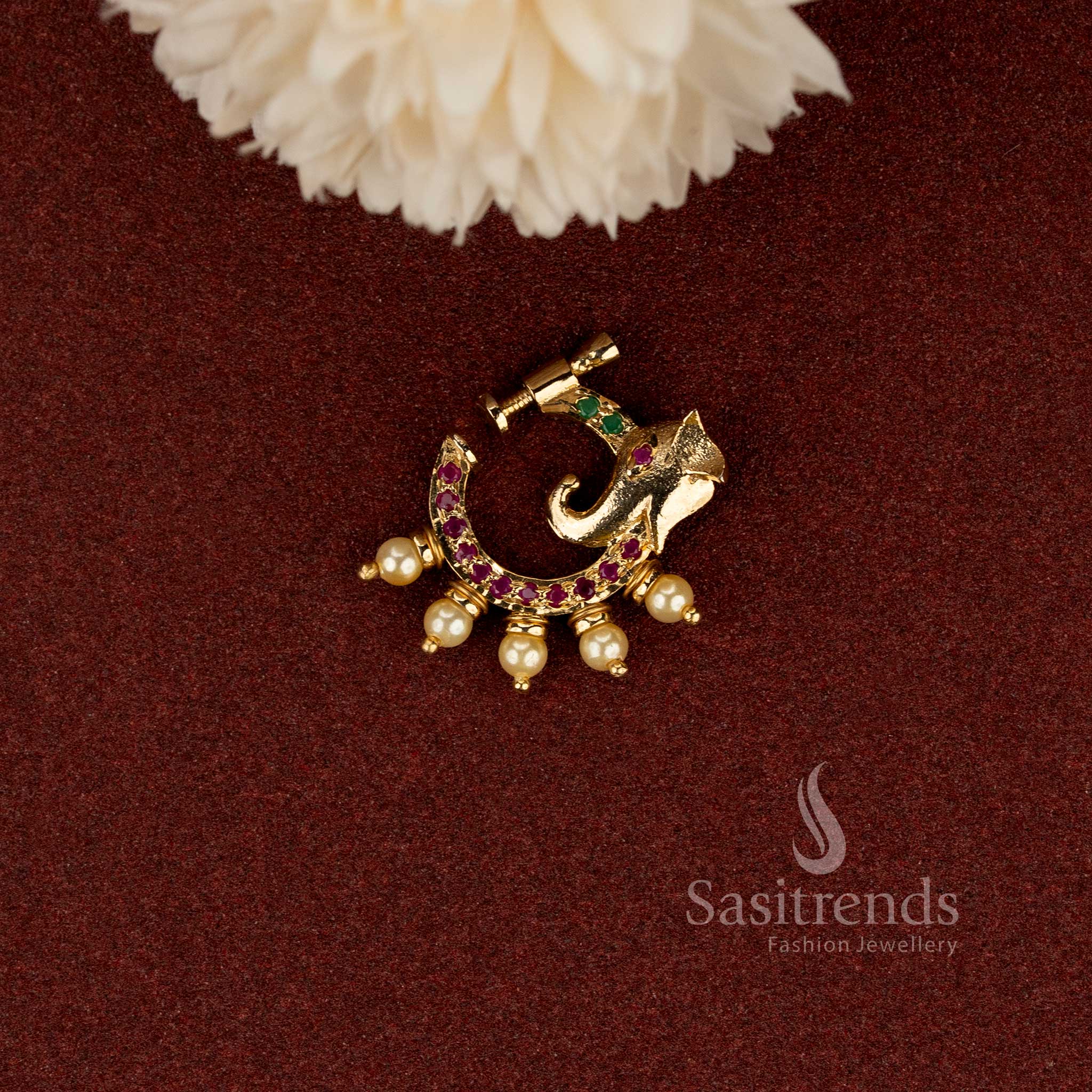 Traditional Ganesha AD stone nath with elegant pearl drop finish - Sasitrends