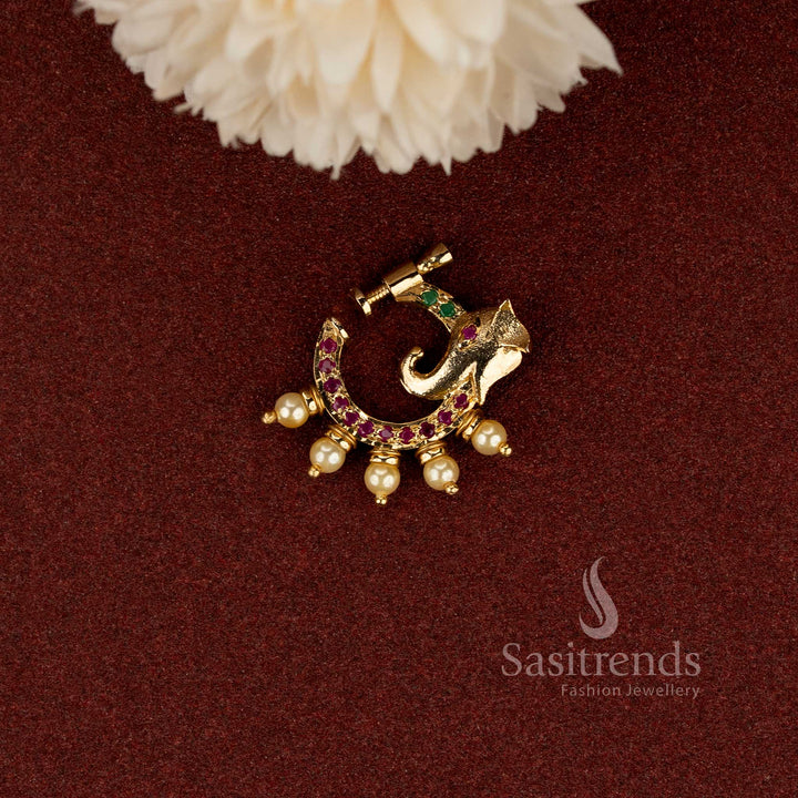 Traditional Ganesha AD stone nath with elegant pearl drop finish - Sasitrends